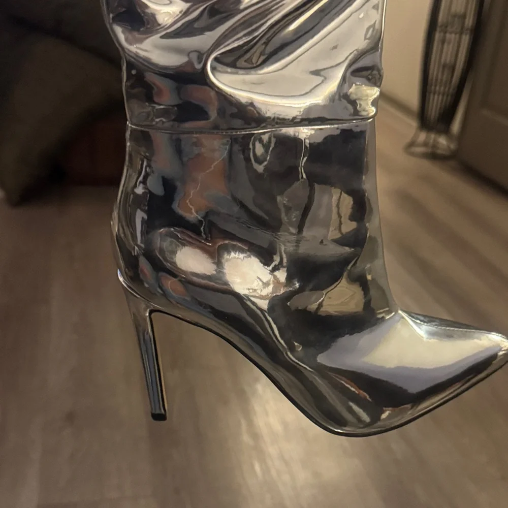 INC Iyonna Slouchy Faux Leather Over The Knee Boots Women's 5M Silver Side Zip